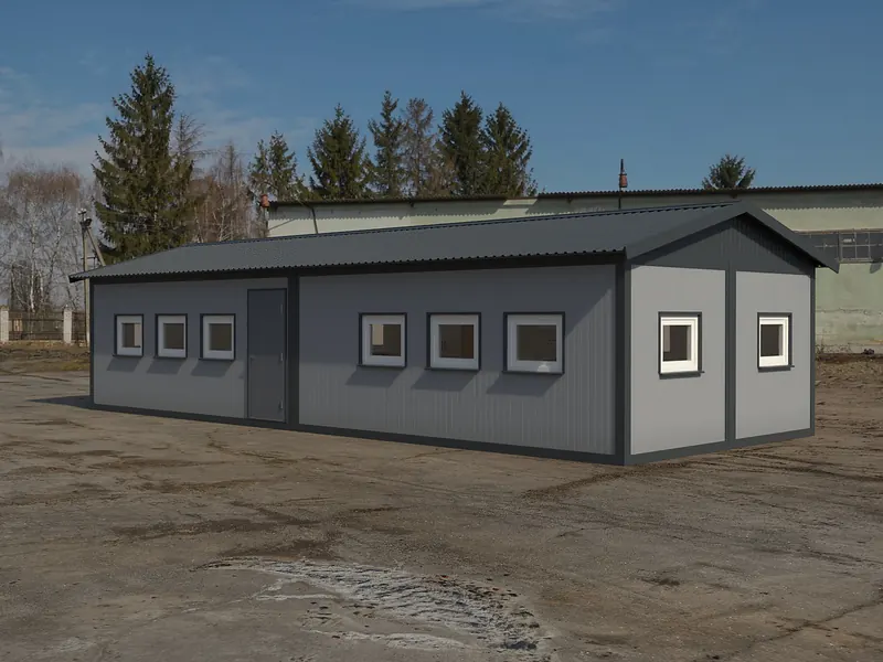 Визуализация: столовая из 4 модулей (2 × 2) спереди-справа: южный фасад 12 м — три окна, металлическая дверь у стыка модулей, ещё три окна
