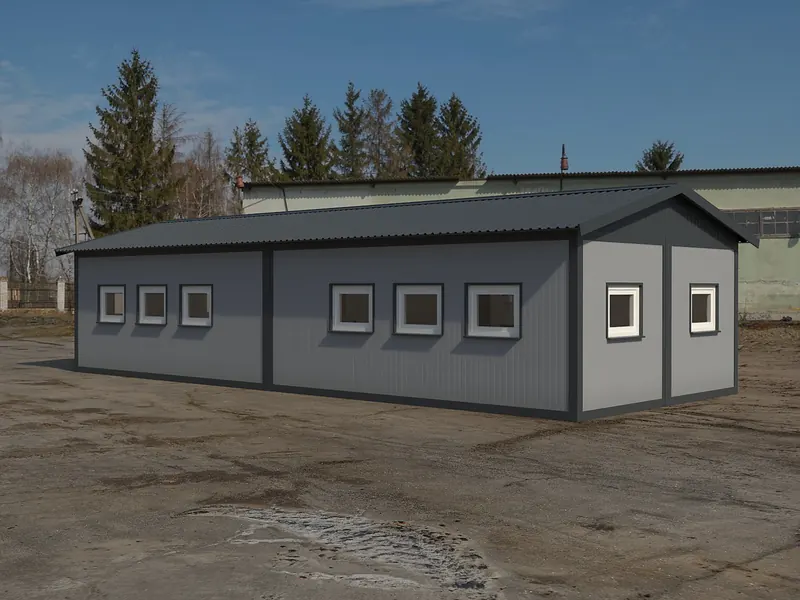 Визуализация, столовая из 4 модулей, с другой стороны: с противоположного угла: северный фасад 12 м с шестью окнами (по три по обе стороны от стойки стыка)